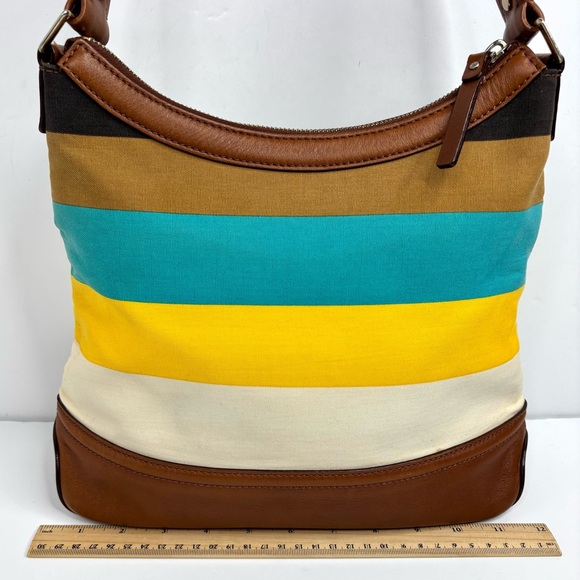Kate Spade Retro Stripe Yellow Teal Spring Nautical Coastal Beach Hobo Handbag - Picture 10 of 16